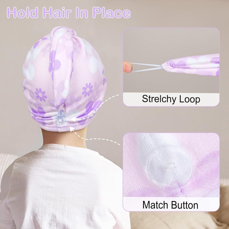 Basumee Microfiber Hair Towel Wrap for Kids 2 Pack Rapid Drying Hair Towel with Button Hair Turbans for Wet Hair Wraps Head Towel Wrap for Women and Girls - Image 3